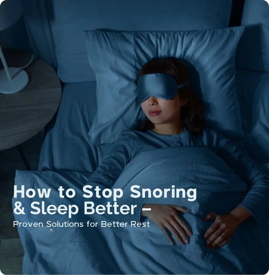 A woman sleeping peacefully with an eye mask – Learn how to stop snoring and improve sleep with proven solutions.